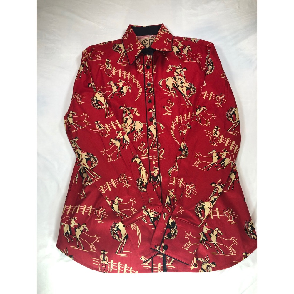 CR Ranchwear Womens Red Cowboy Bronco Print Western Button Down Shirt Large USA